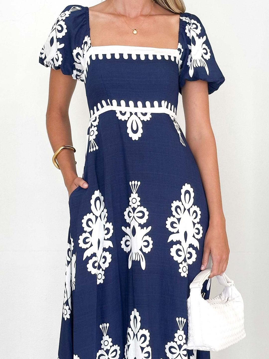 Blue and White Printed Square Neck Short Sleeves Maxi Dress