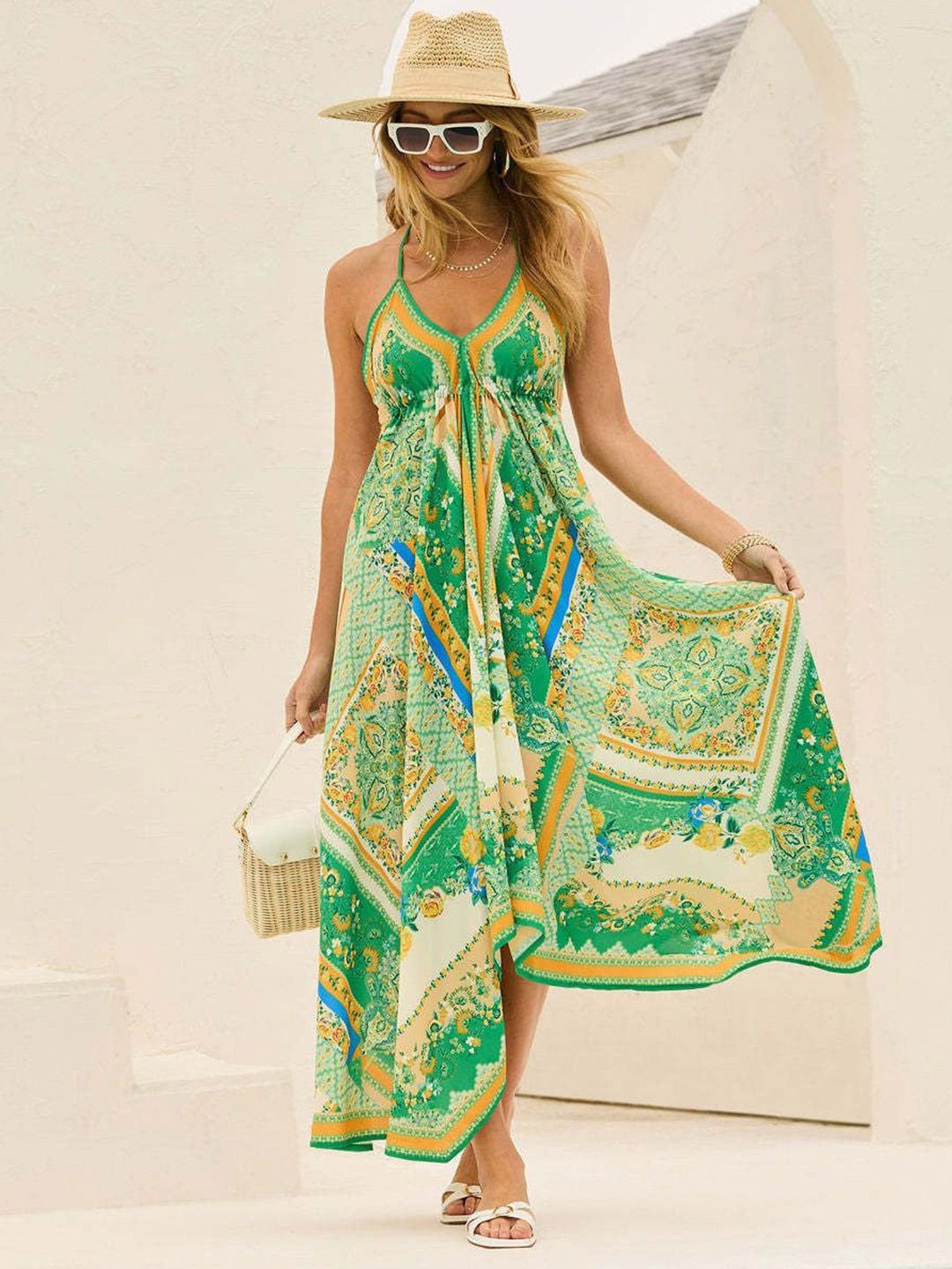 Green All-Over Print Print Halter Neck Dress