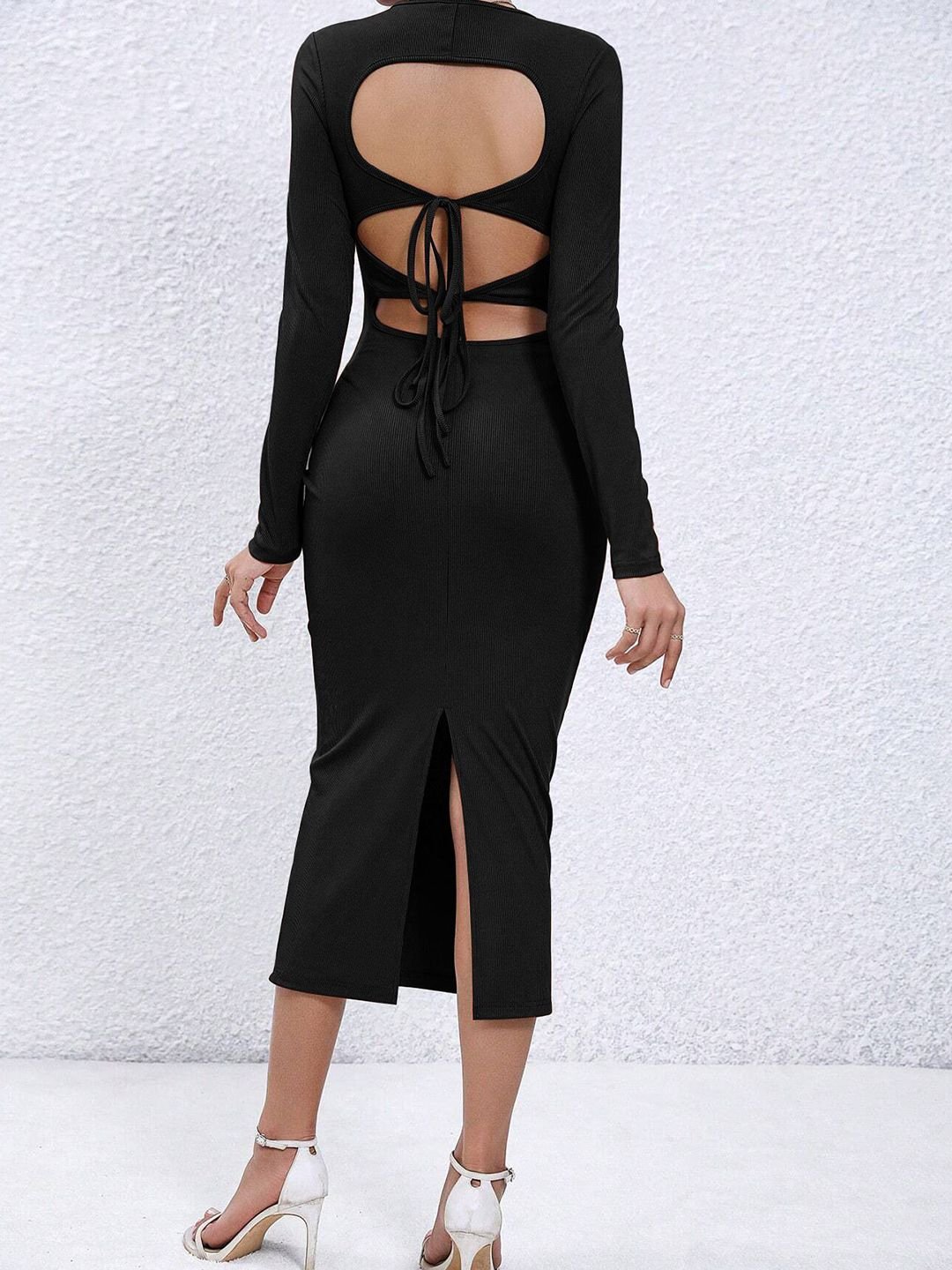 Black Solid Long Sleeves Bodycon Dress