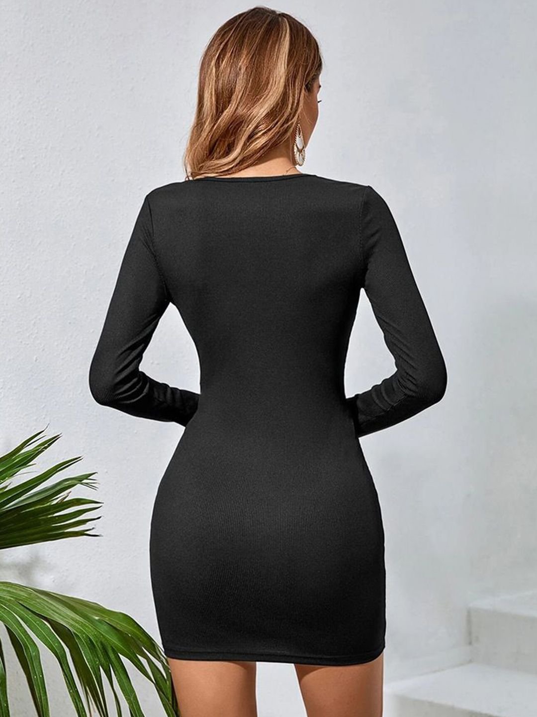 Black Solid Long Sleeves Bodycon Party Dress