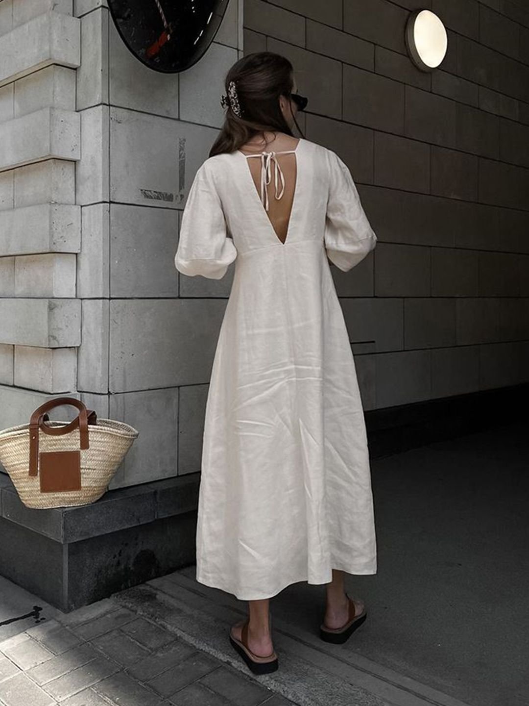 Off-White Midi A-Line Dress with 3/4 Sleeves and V-Back