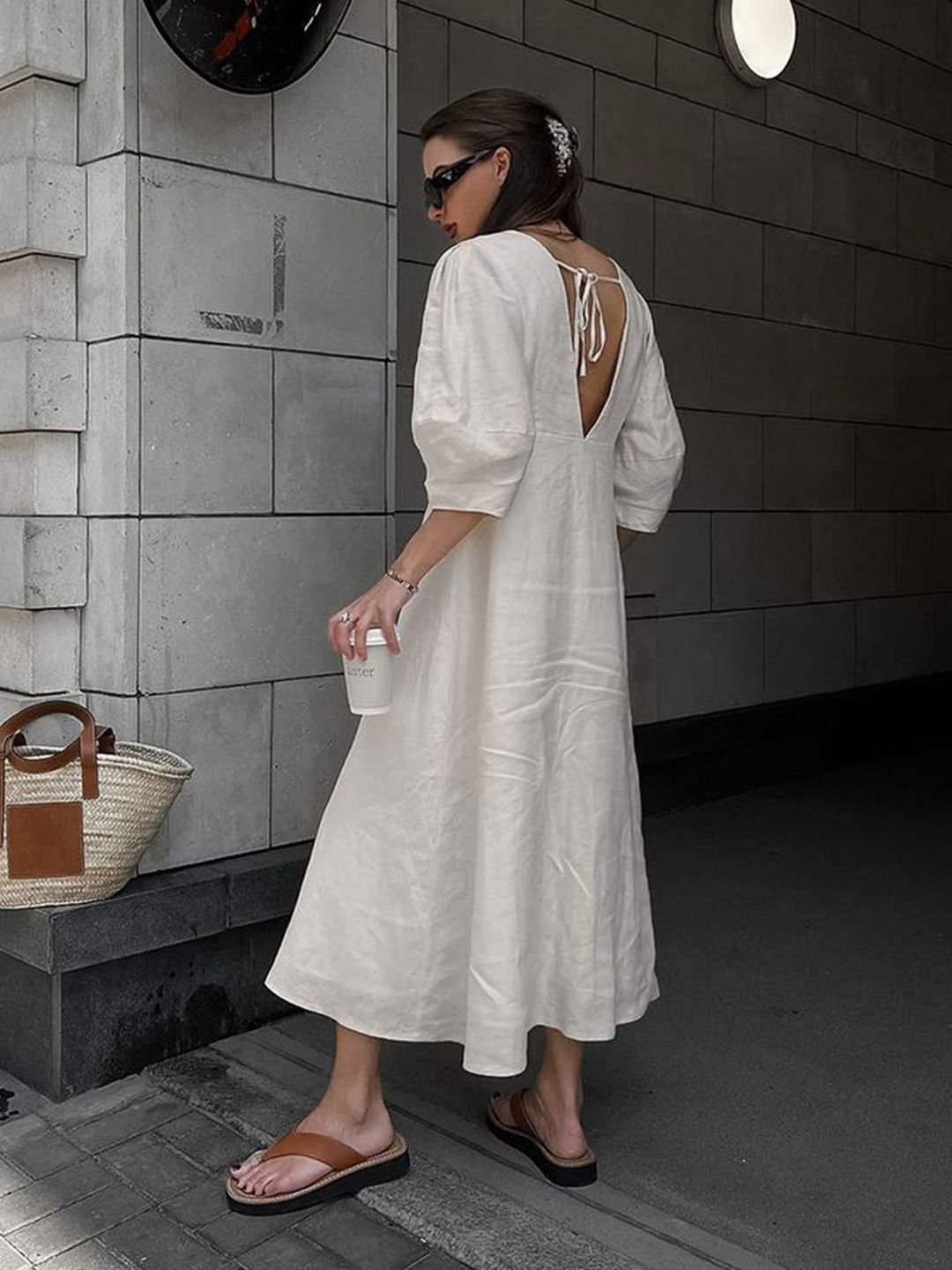 Off-White Midi A-Line Dress with 3/4 Sleeves and V-Back