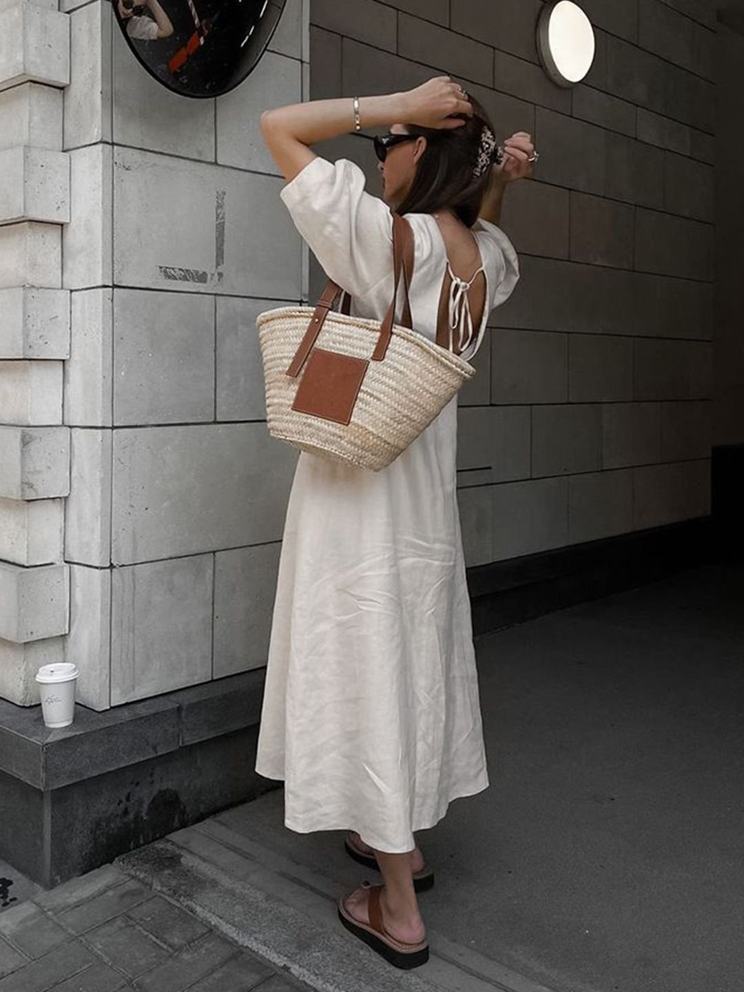 Off-White Midi A-Line Dress with 3/4 Sleeves and V-Back