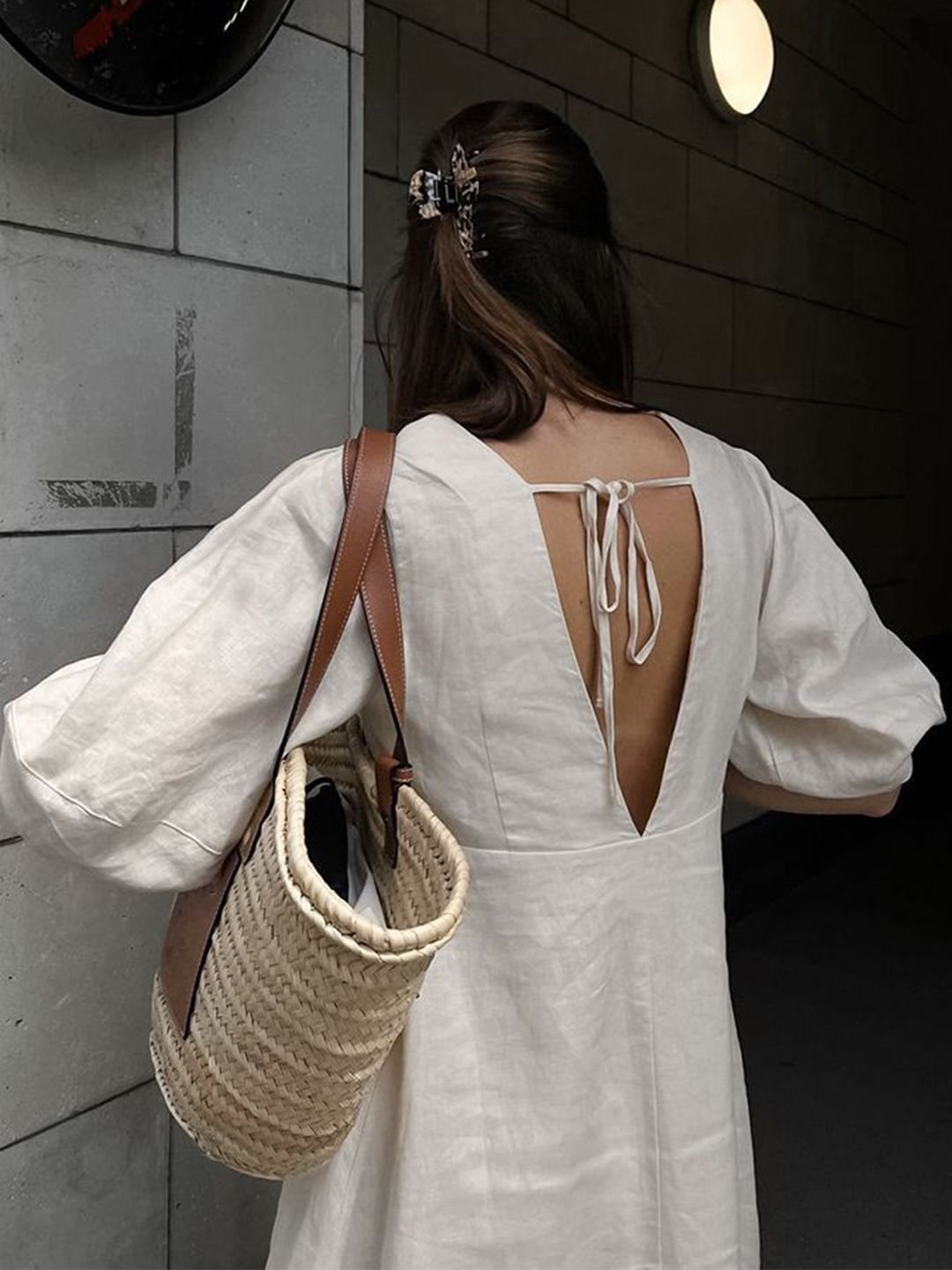 Off-White Midi A-Line Dress with 3/4 Sleeves and V-Back