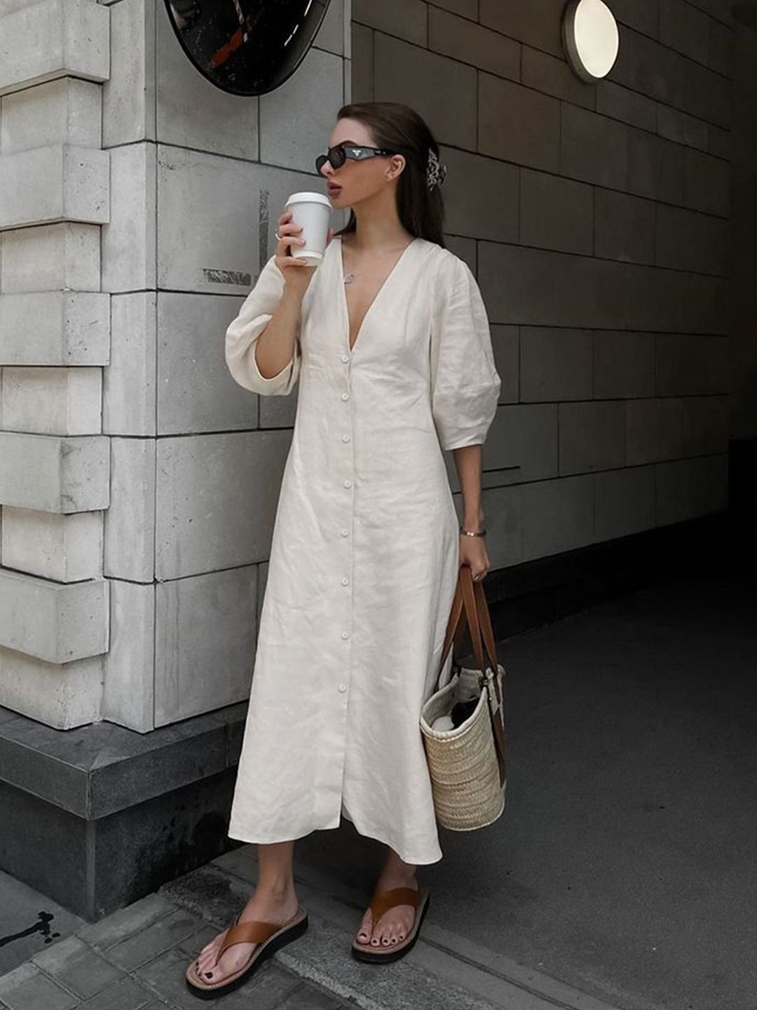 Off-White Midi A-Line Dress with 3/4 Sleeves and V-Back