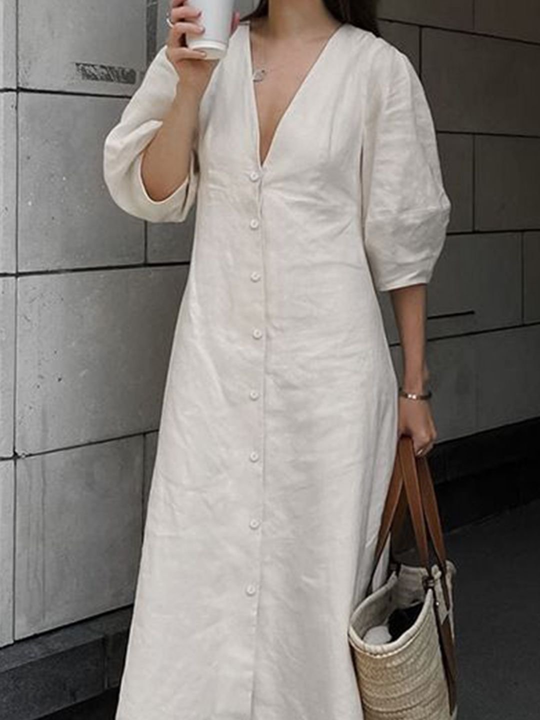 Off-White Midi A-Line Dress with 3/4 Sleeves and V-Back