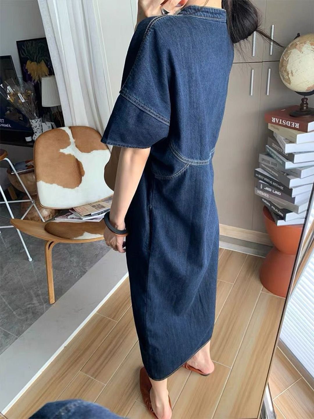 Blue Denim Midi Dress with Short Sleeves