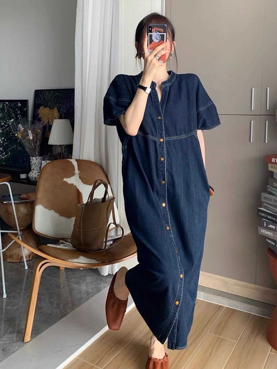 Blue Denim Midi Dress with Short Sleeves