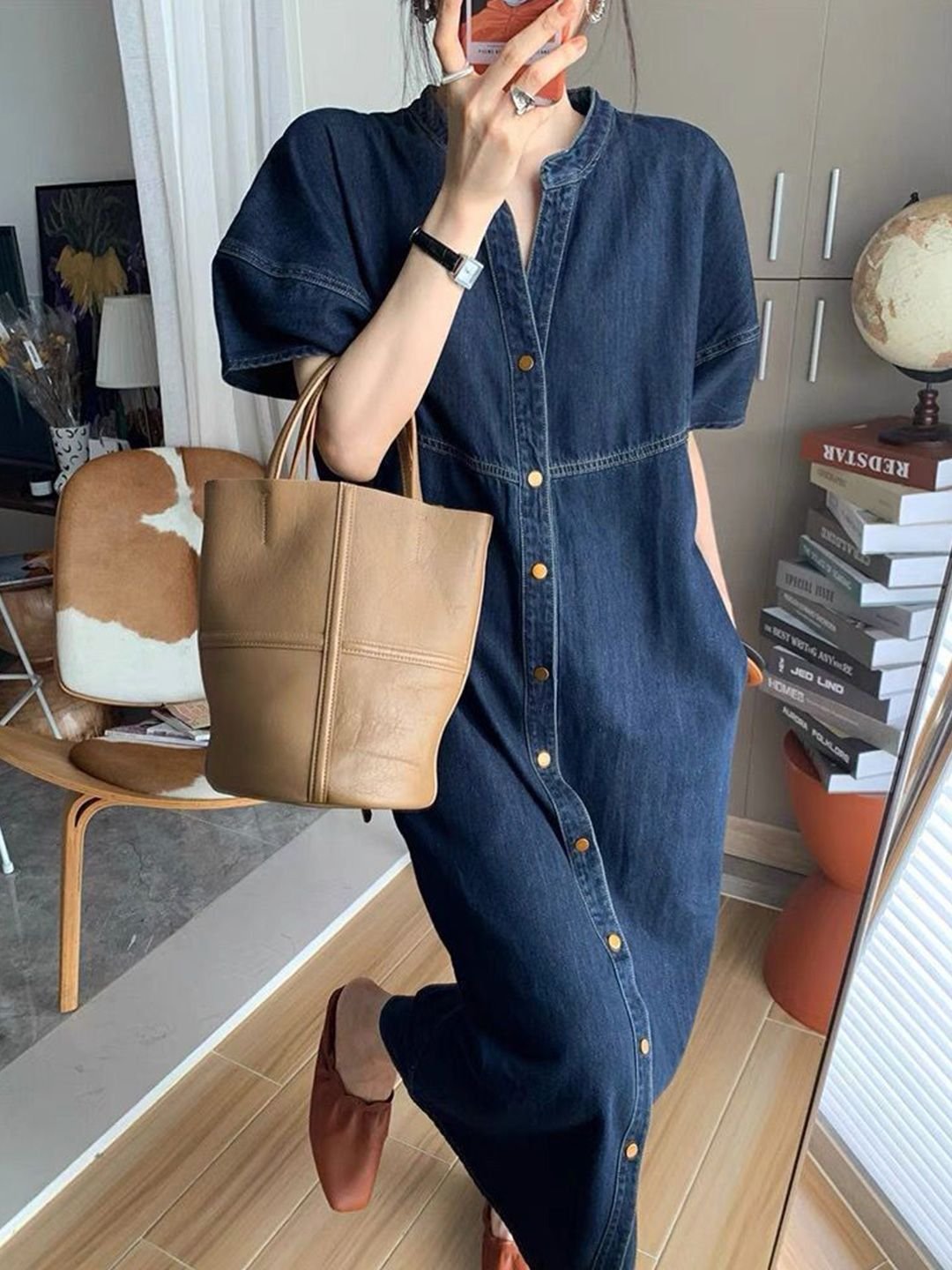 Blue Denim Midi Dress with Short Sleeves