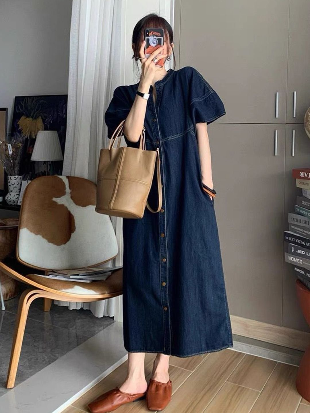 Blue Denim Midi Dress with Short Sleeves