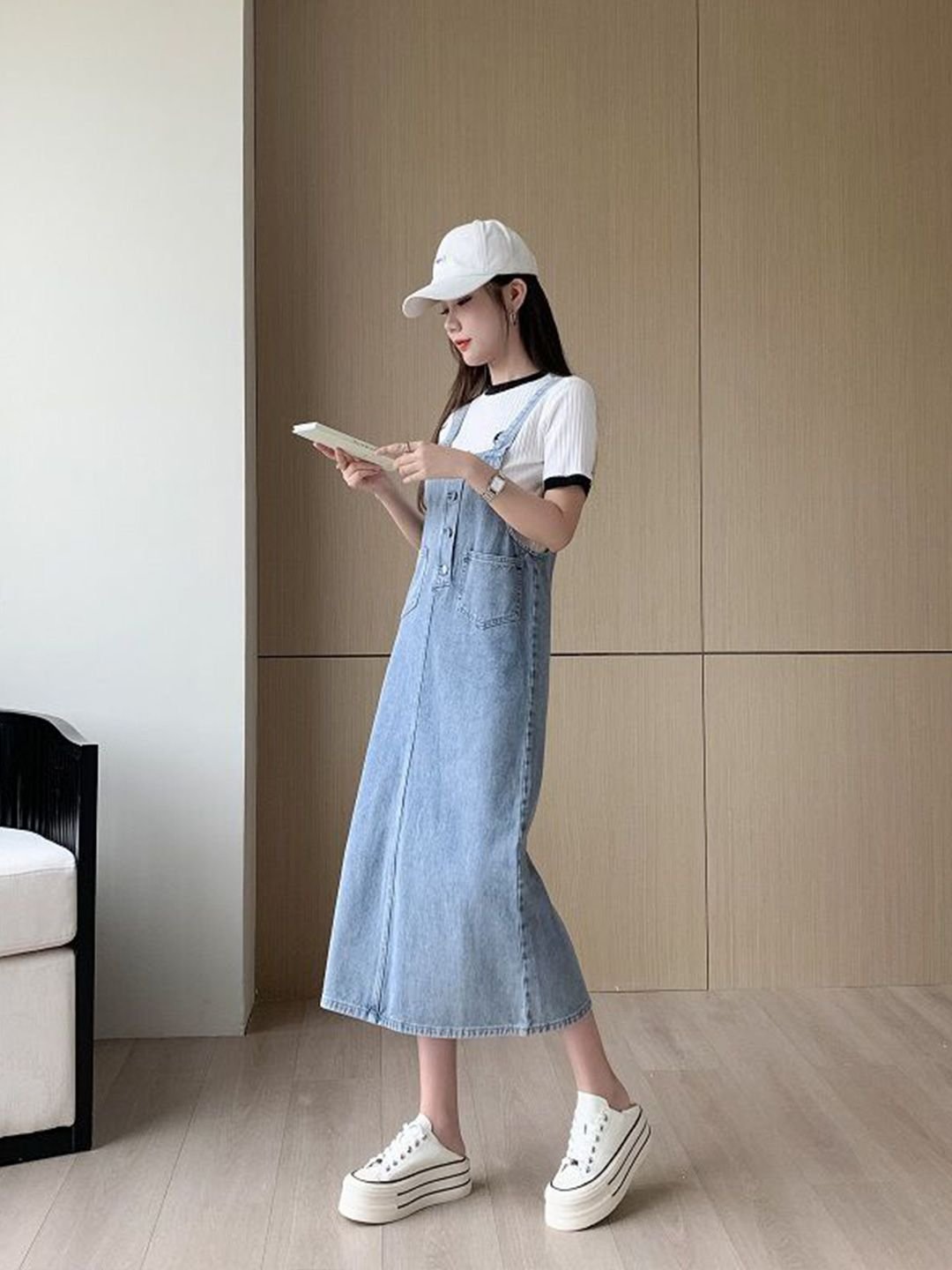 Blue Cotton Fit and Flare Shoulder Straps Solid Dress
