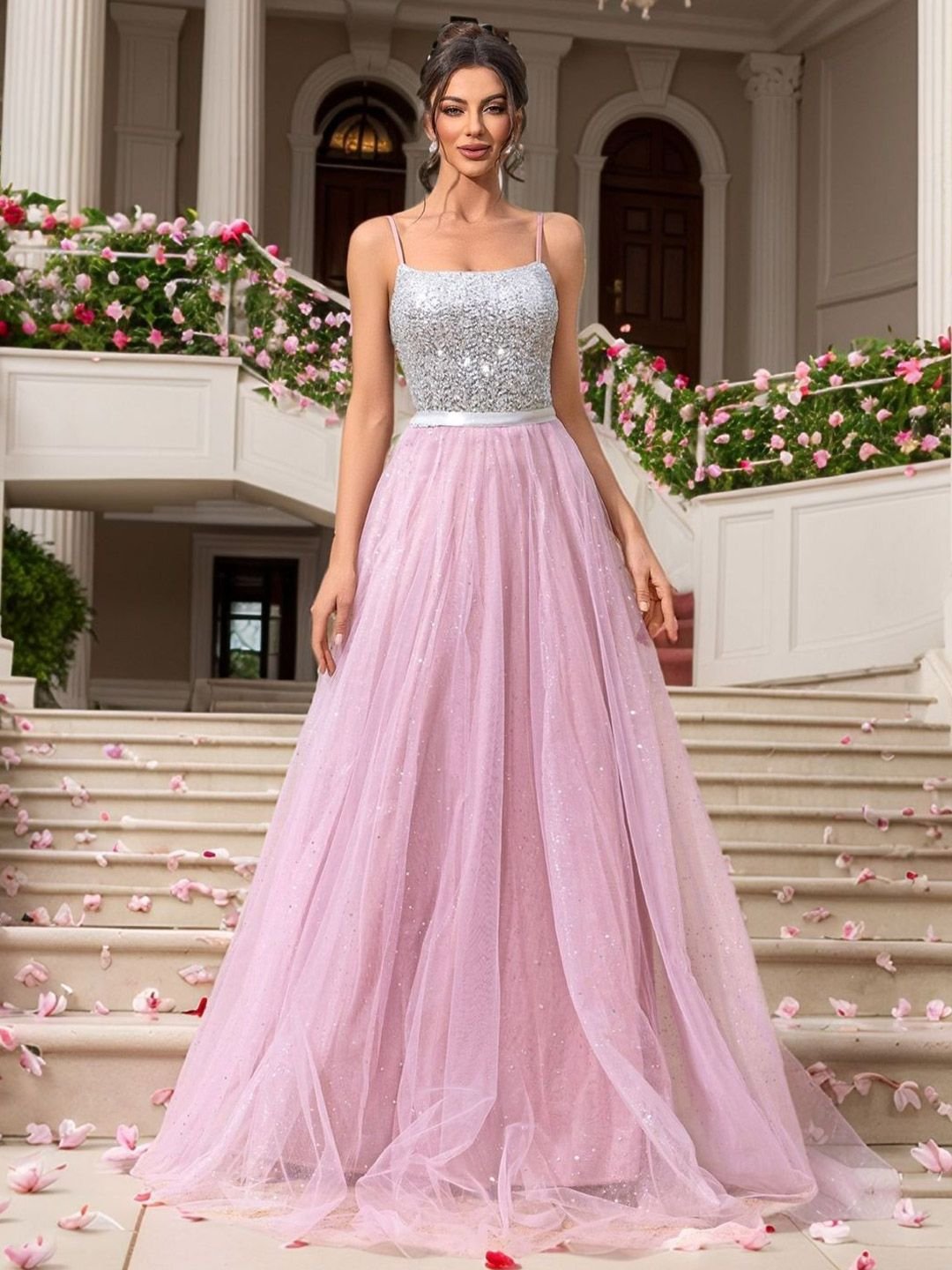 Pink Sequin Bodice Sleeveless Fit and Flare Maxi Dress