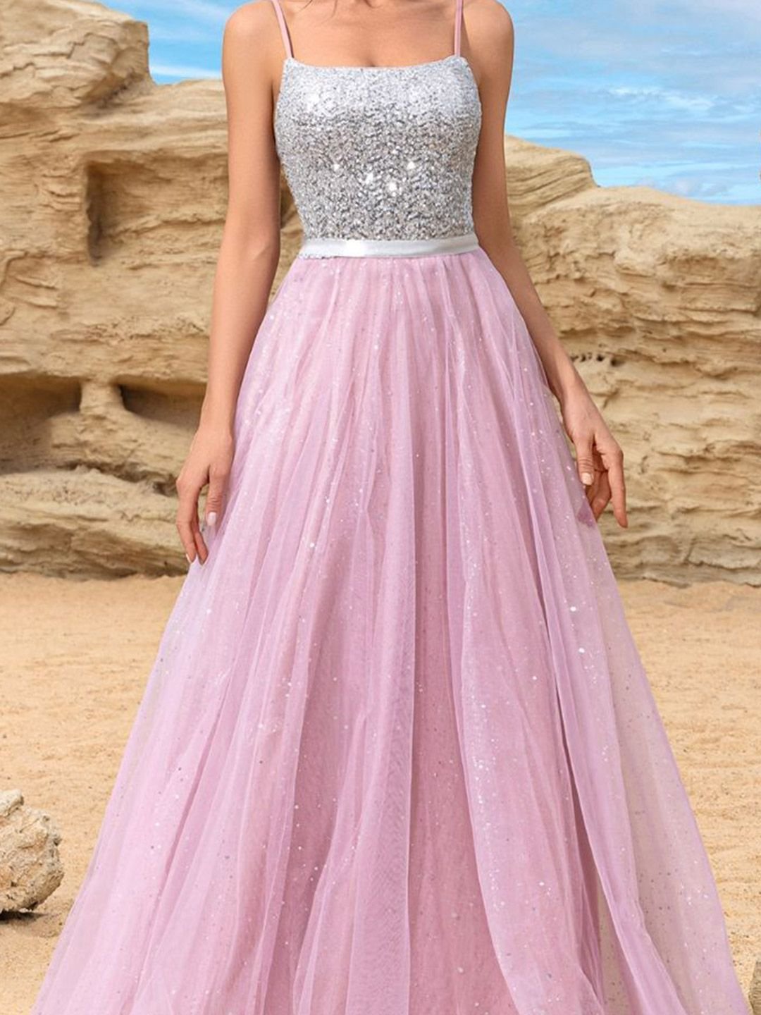 Pink Sequin Bodice Sleeveless Fit and Flare Maxi Dress