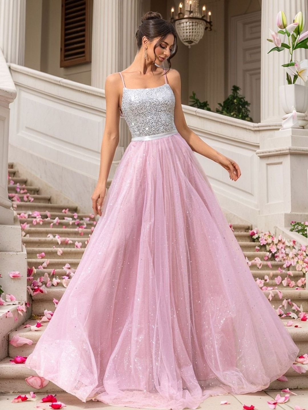 Pink Sequin Bodice Sleeveless Fit and Flare Maxi Dress
