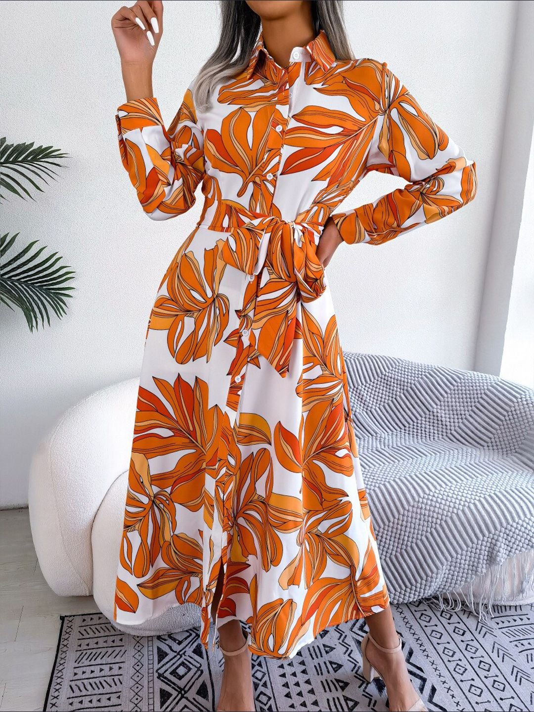 White Abstract Print Midi Dress