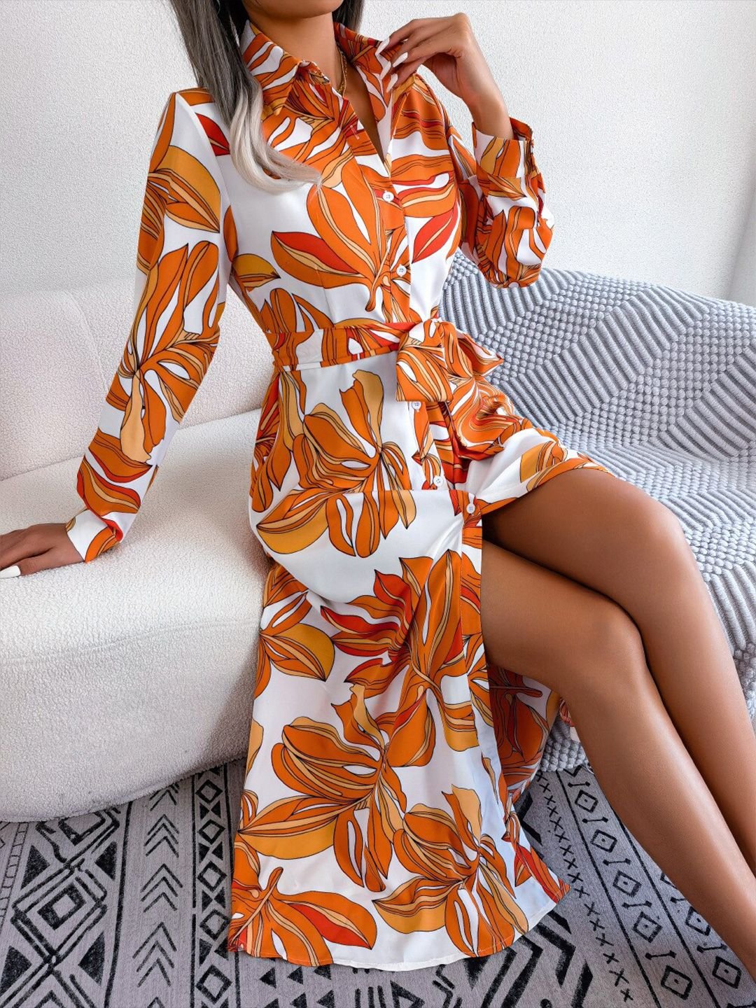 White Abstract Print Midi Dress