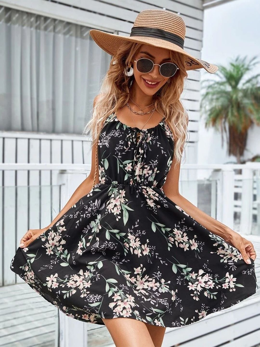 Black Floral Print Empire Dress