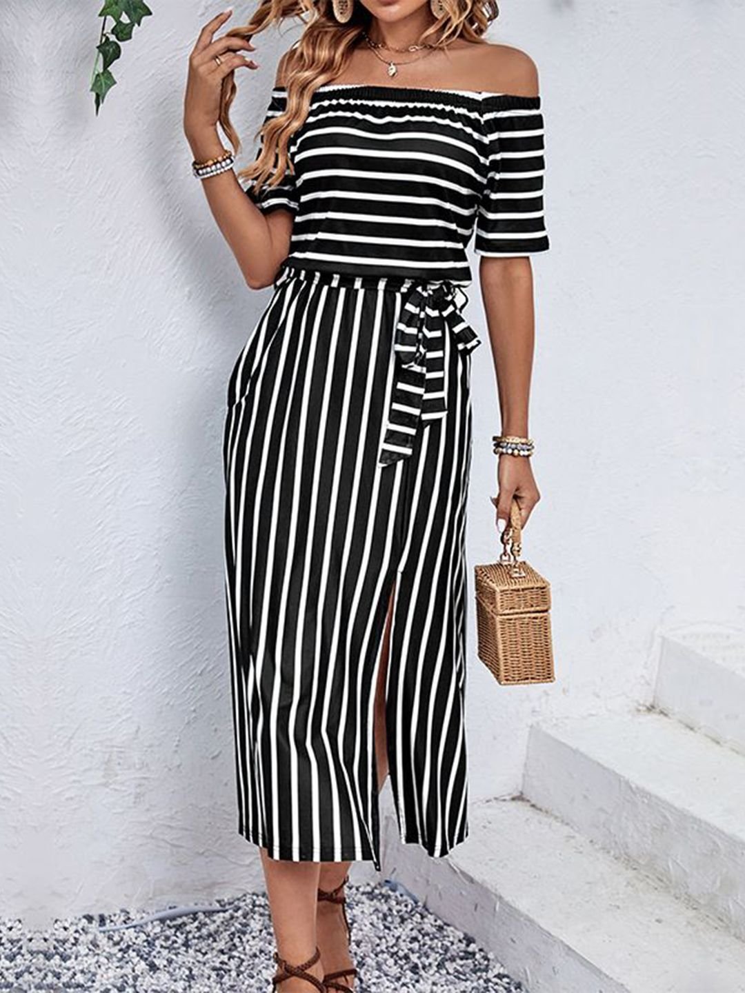Striped Off-Shoulder Midi Dress with Slit