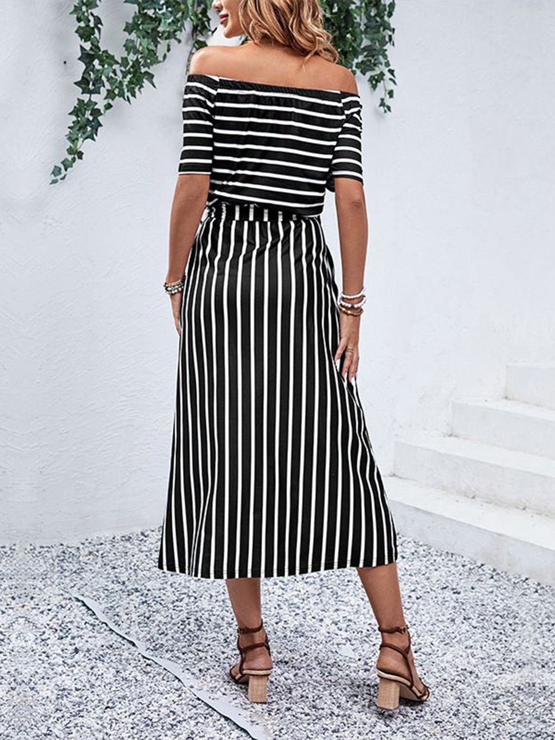 Striped Off-Shoulder Midi Dress with Slit