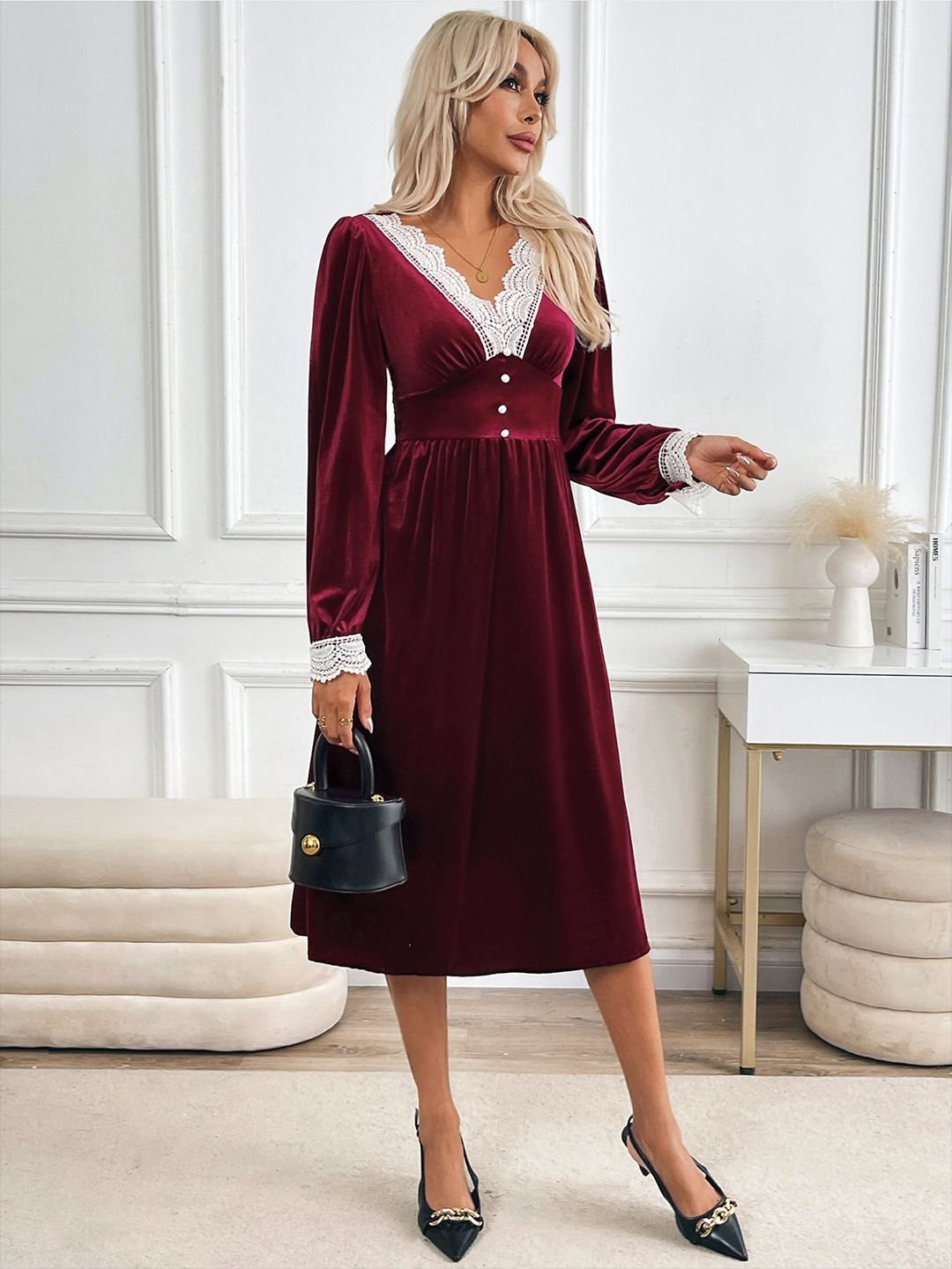 Maroon V-Neck A-Line Embellished Dress