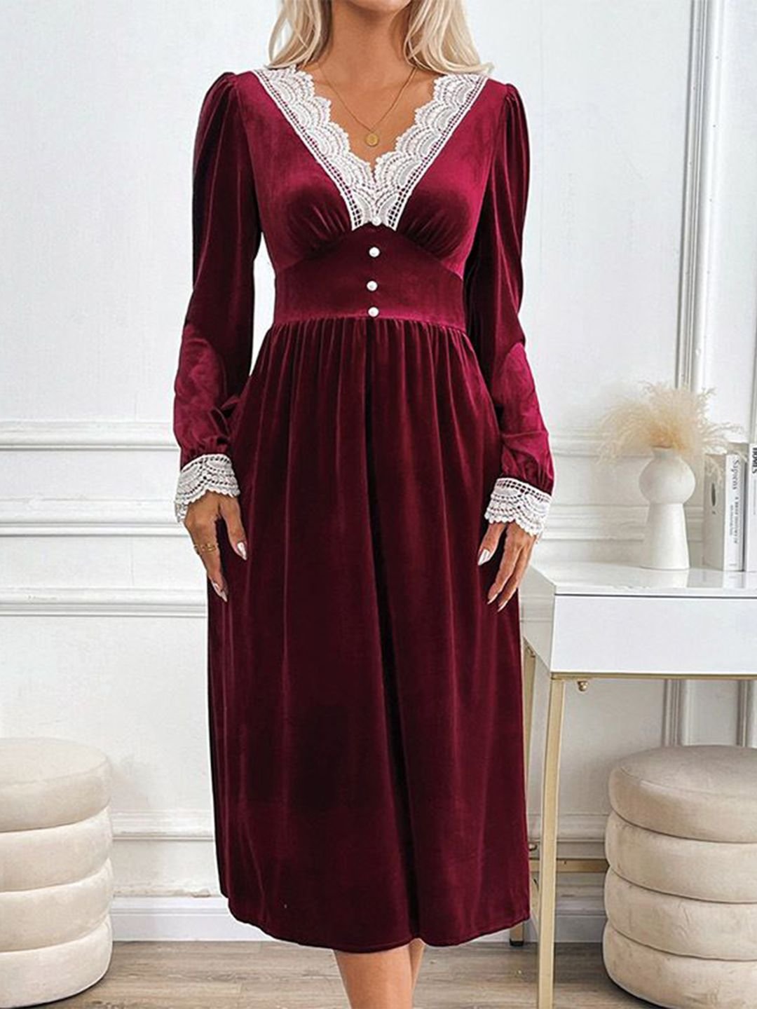 Maroon V-Neck A-Line Embellished Dress