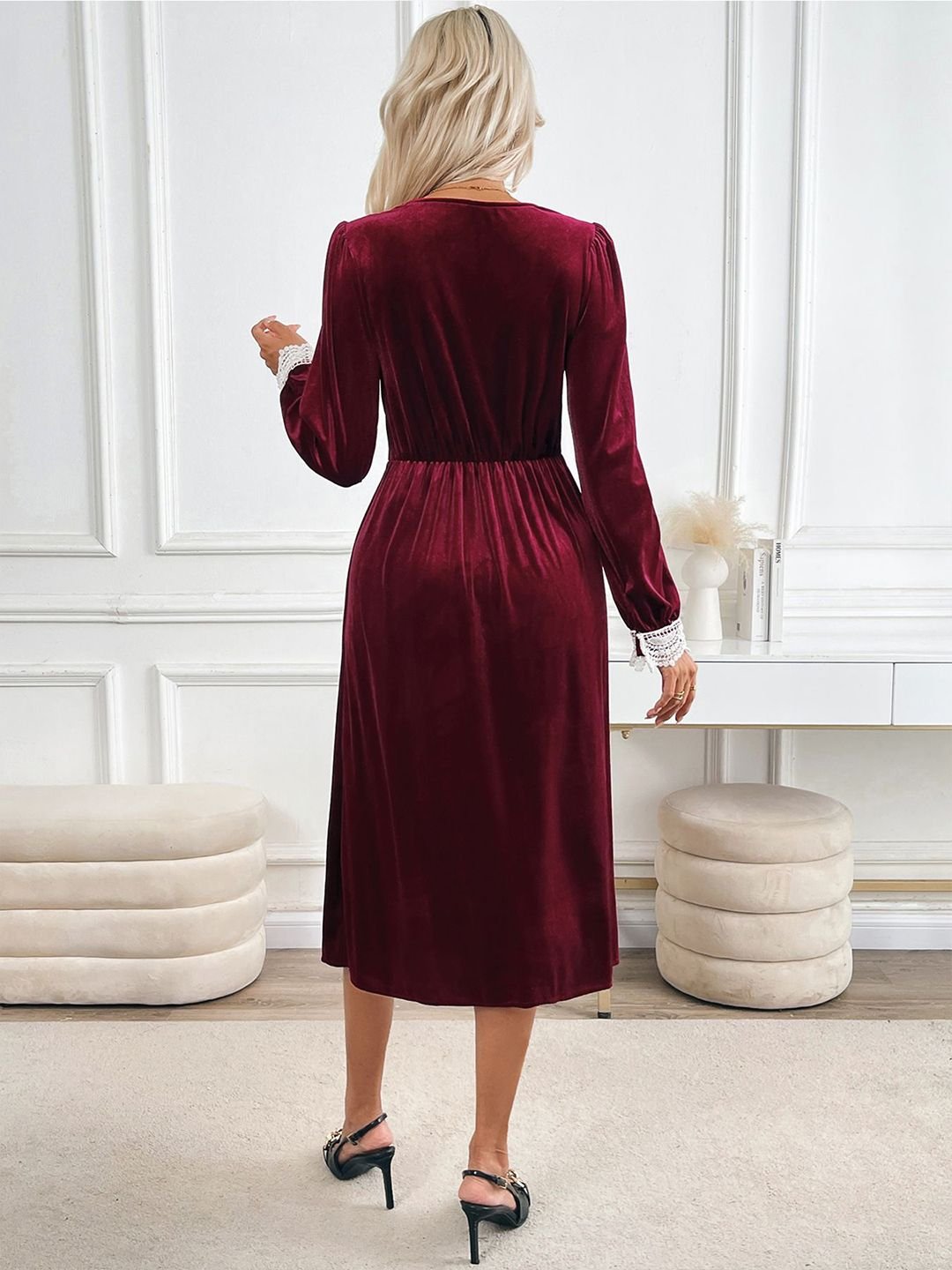 Maroon V-Neck A-Line Embellished Dress