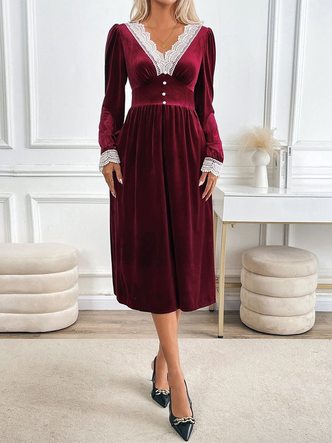 Maroon V-Neck A-Line Embellished Dress