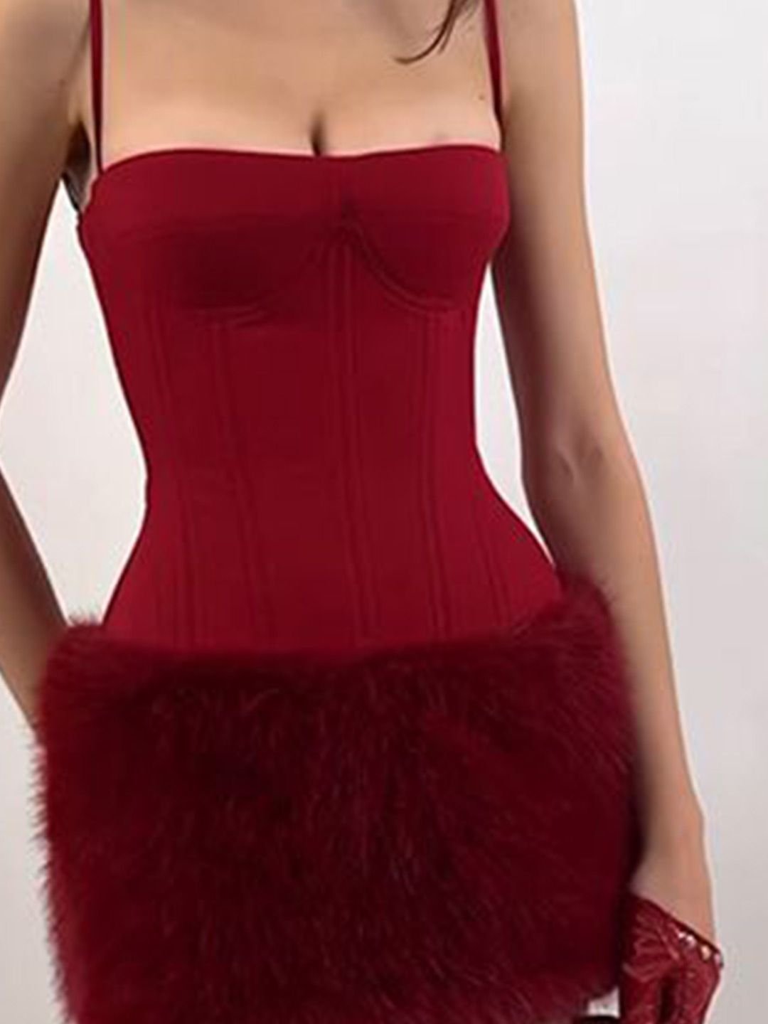 Maroon Bodycon Mini Dress with Faux Fur Trim