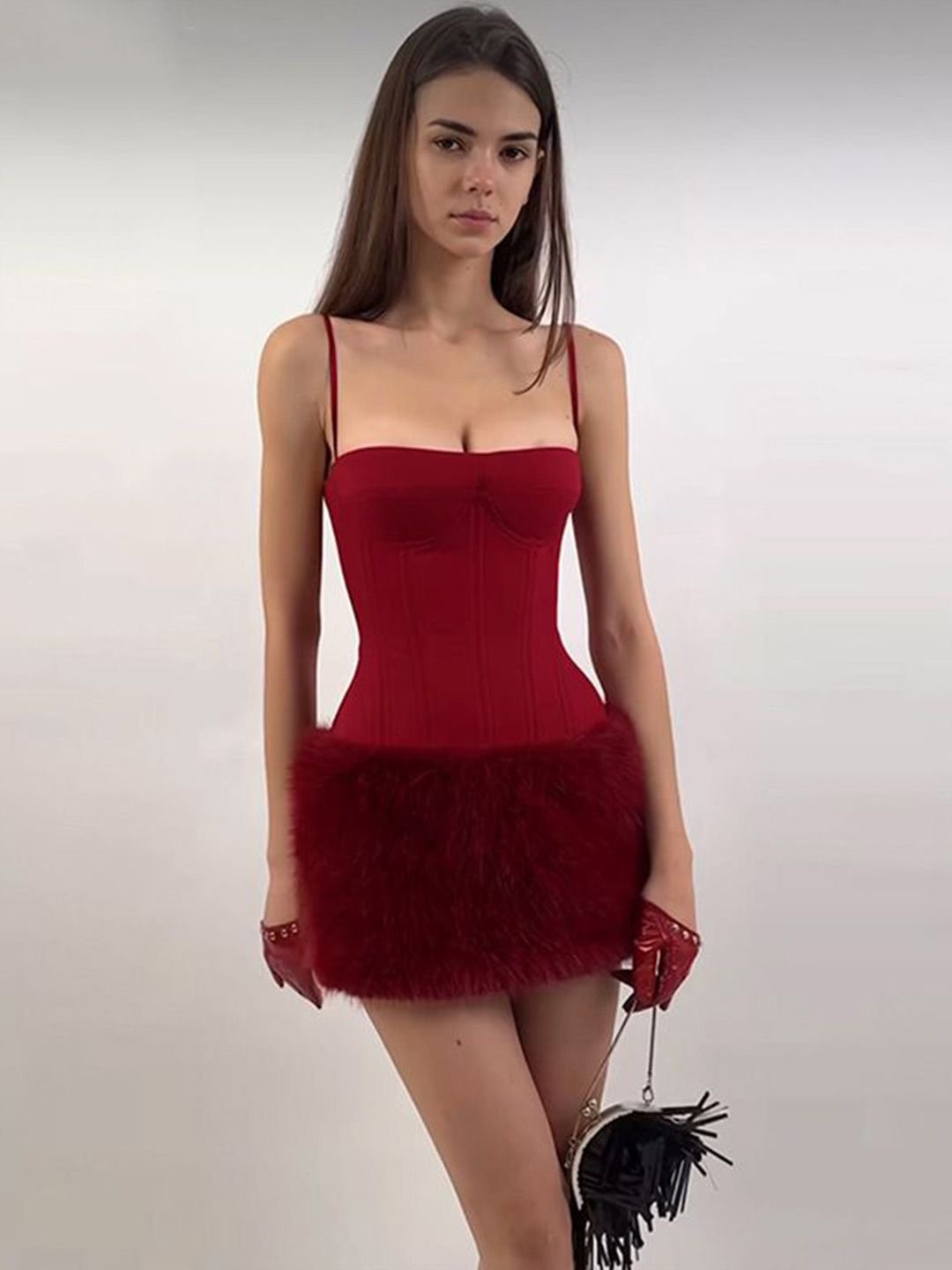 Maroon Bodycon Mini Dress with Faux Fur Trim