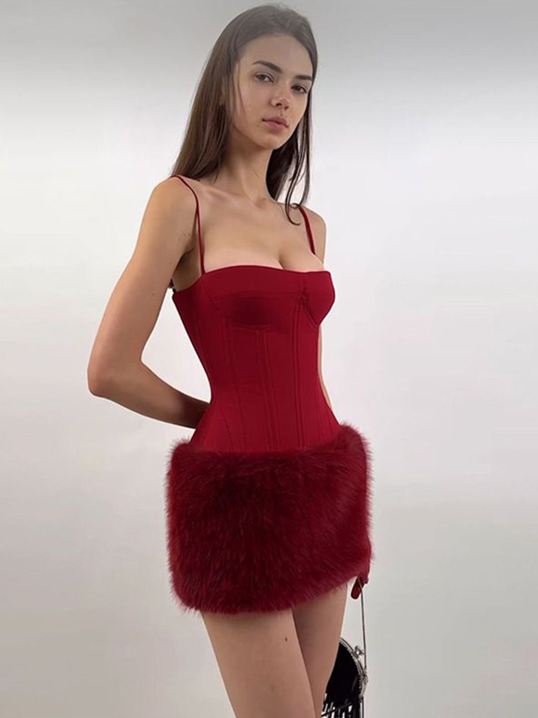 Maroon Bodycon Mini Dress with Faux Fur Trim