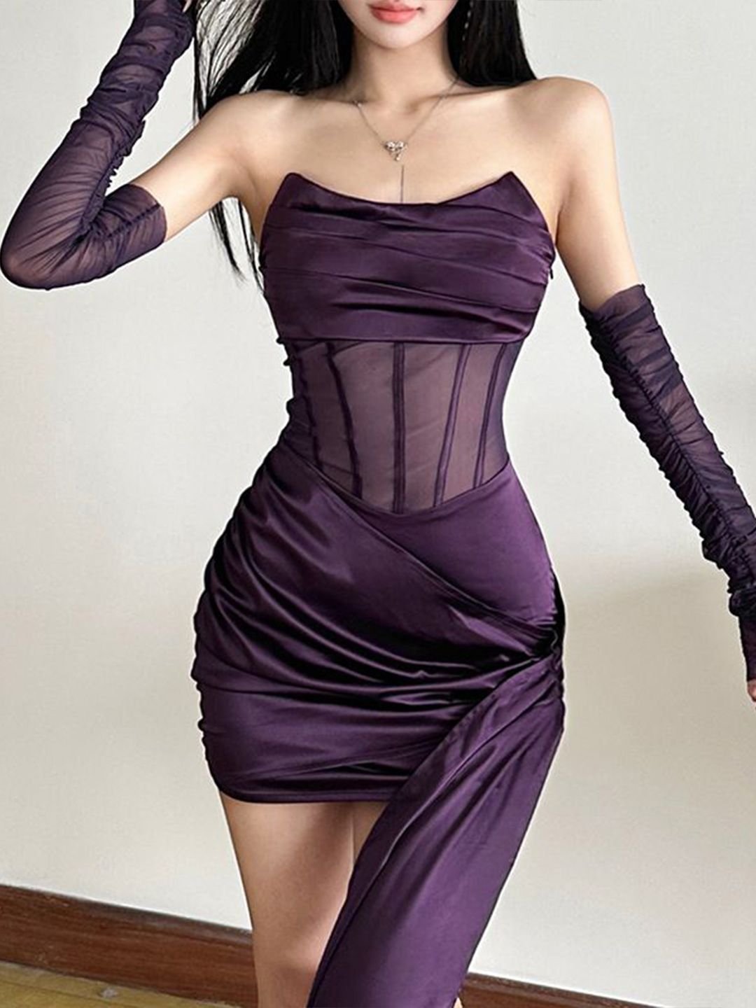 Purple Bodycon Mini Dress with Sheer Corset Detail