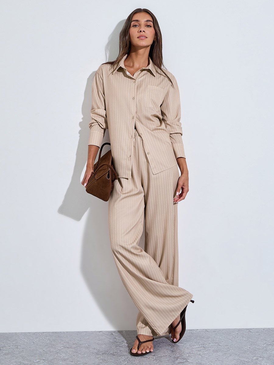 Khaki Striped Oversized Shirt and Wide Leg Pants Co-Ords