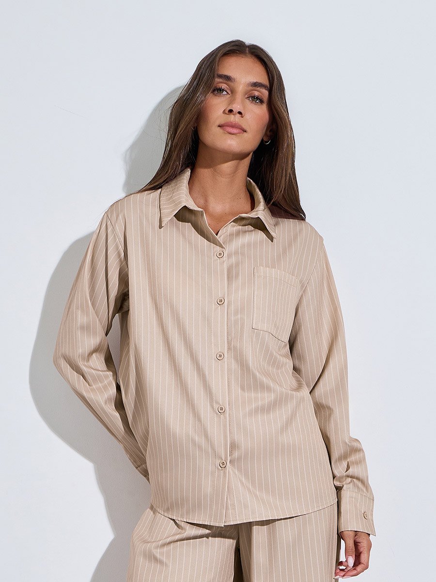 Khaki Striped Oversized Shirt and Wide Leg Pants Co-Ords
