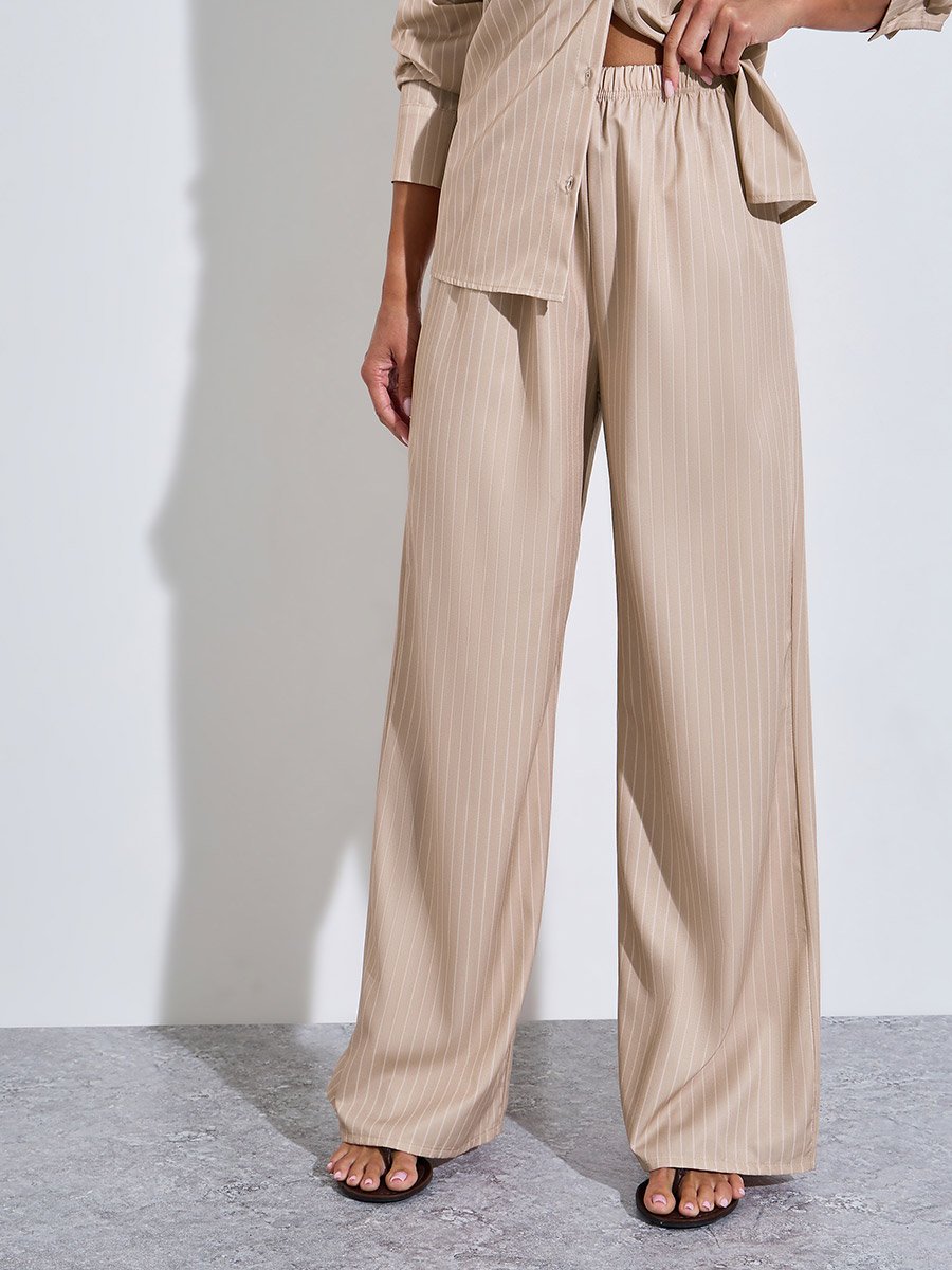 Khaki Striped Oversized Shirt and Wide Leg Pants Co-Ords