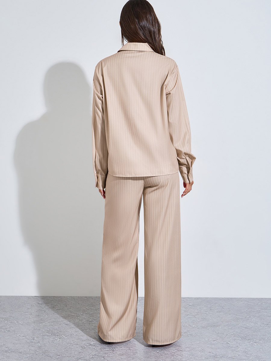 Khaki Striped Oversized Shirt and Wide Leg Pants Co-Ords