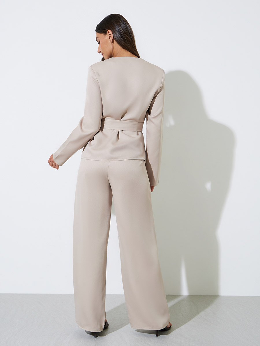Khaki Wrap Blazer and Wide Leg Trousers Co-Ord Set