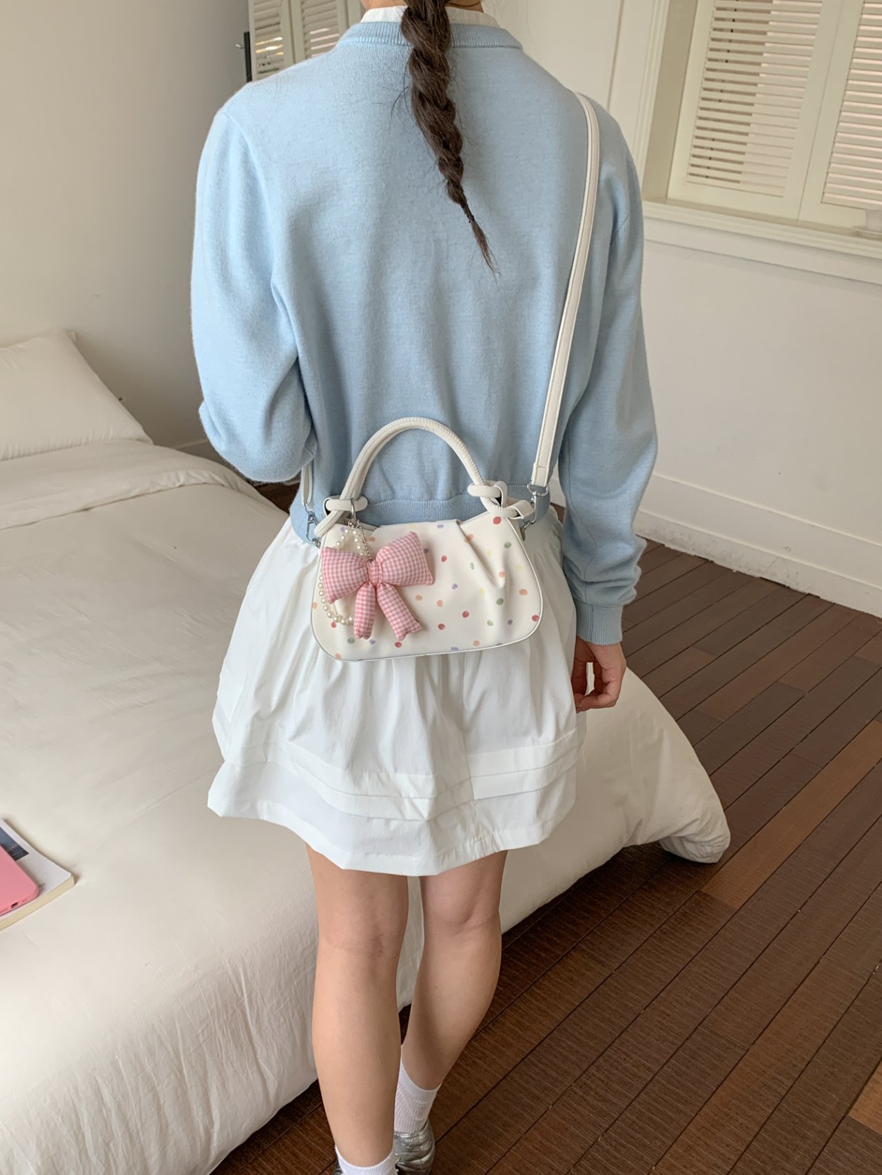 Polka Dot Crossbody Bag with Plush Charm