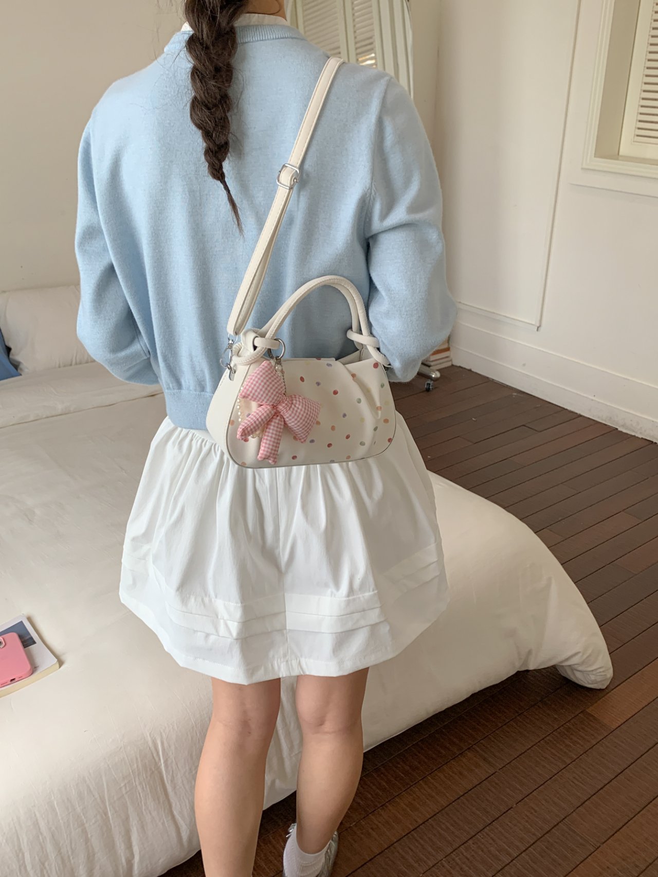 Polka Dot Crossbody Bag with Plush Charm