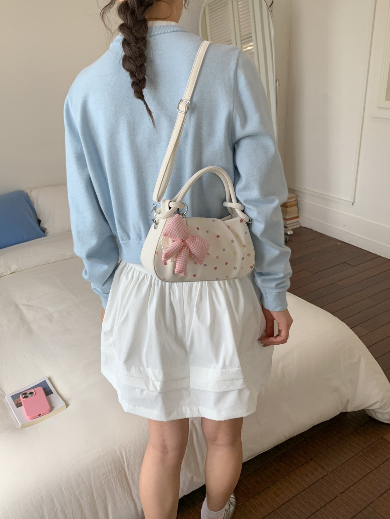 Polka Dot Crossbody Bag with Plush Charm