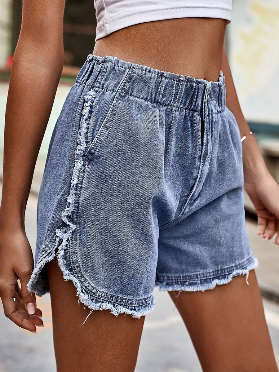 Blue Plain Casual Denim Shorts