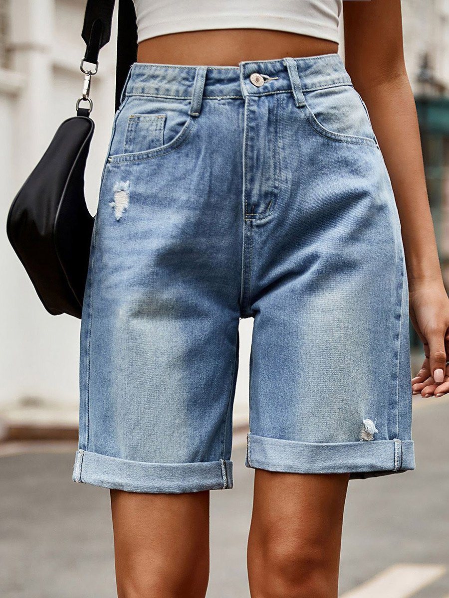 Blue Plain Casual Denim Shorts