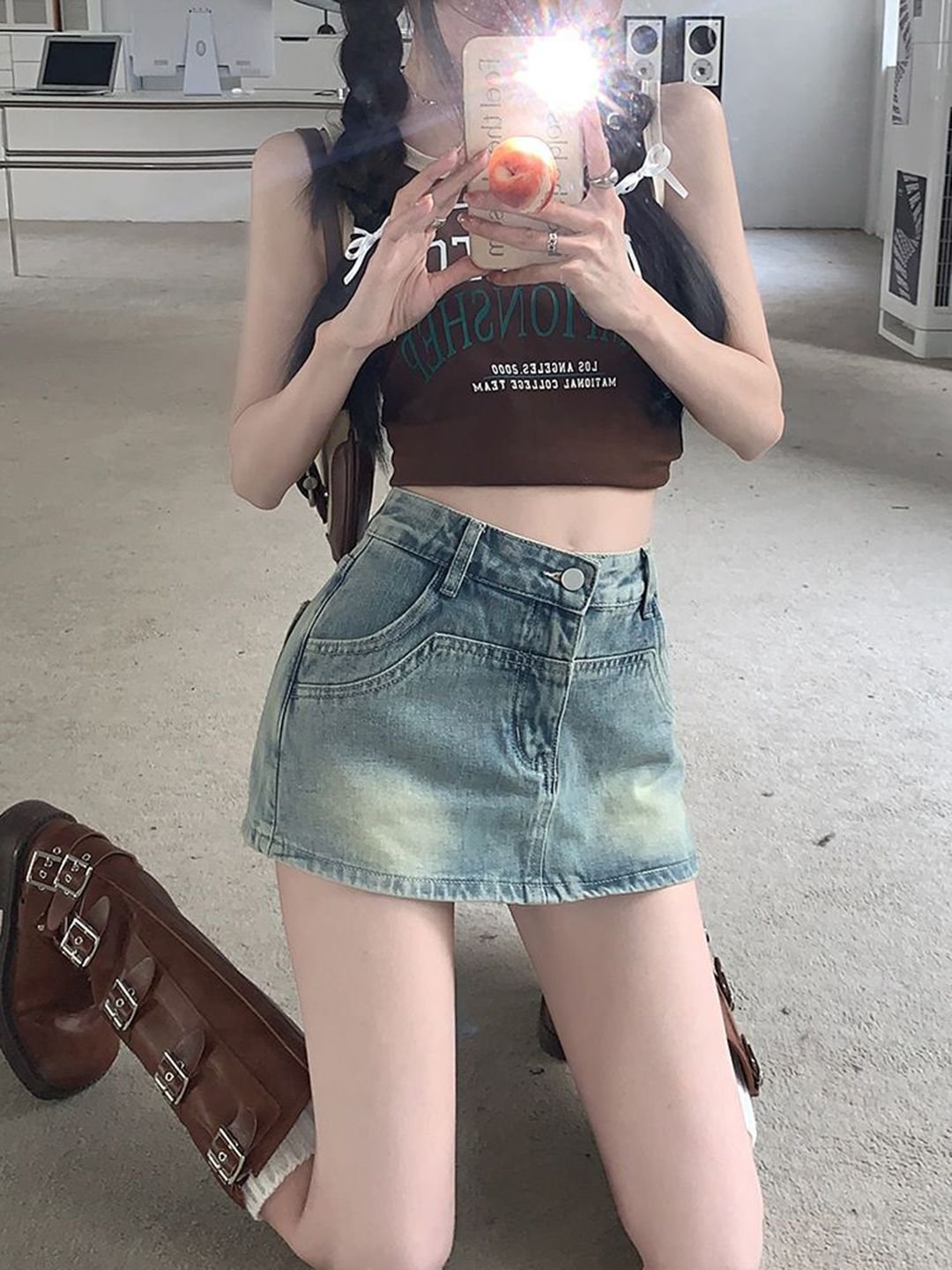 Blue Cotton Denim Skorts