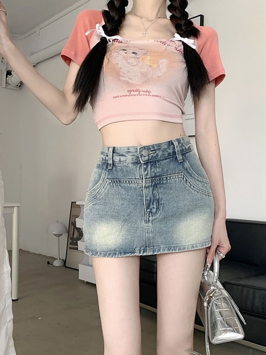 Blue Cotton Denim Skorts