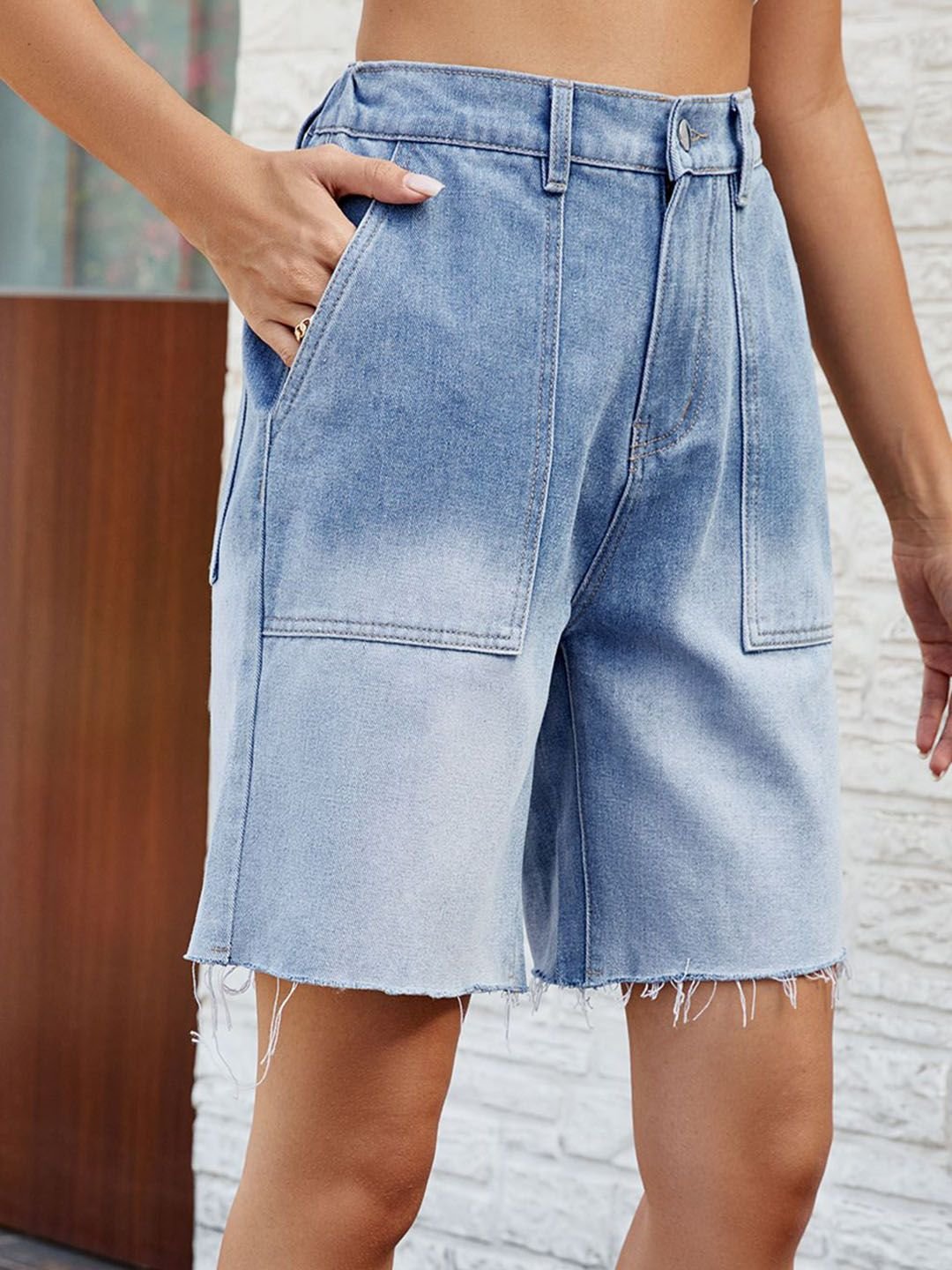 Blue Raw Edge Denim Shorts