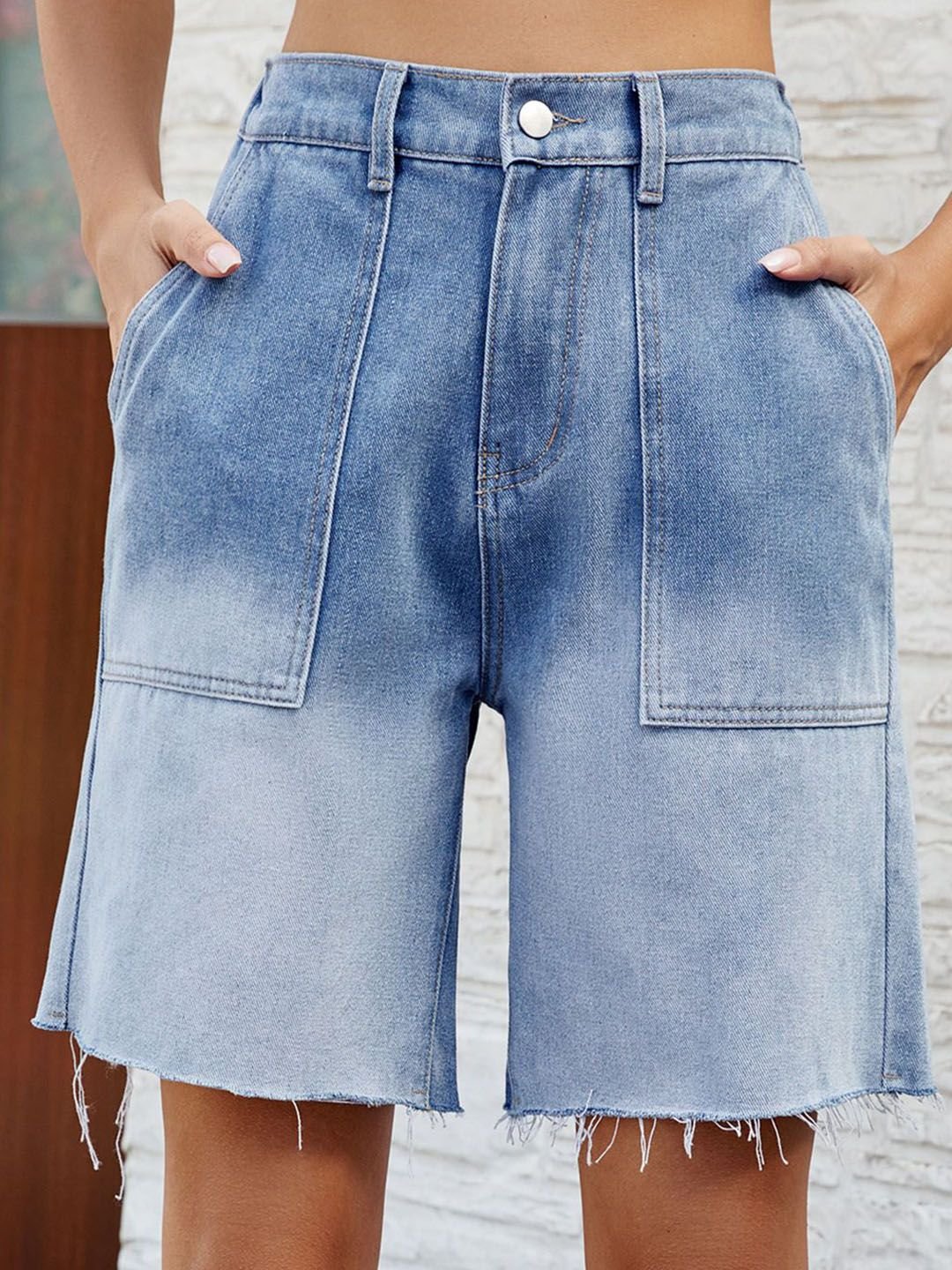 Blue Raw Edge Denim Shorts