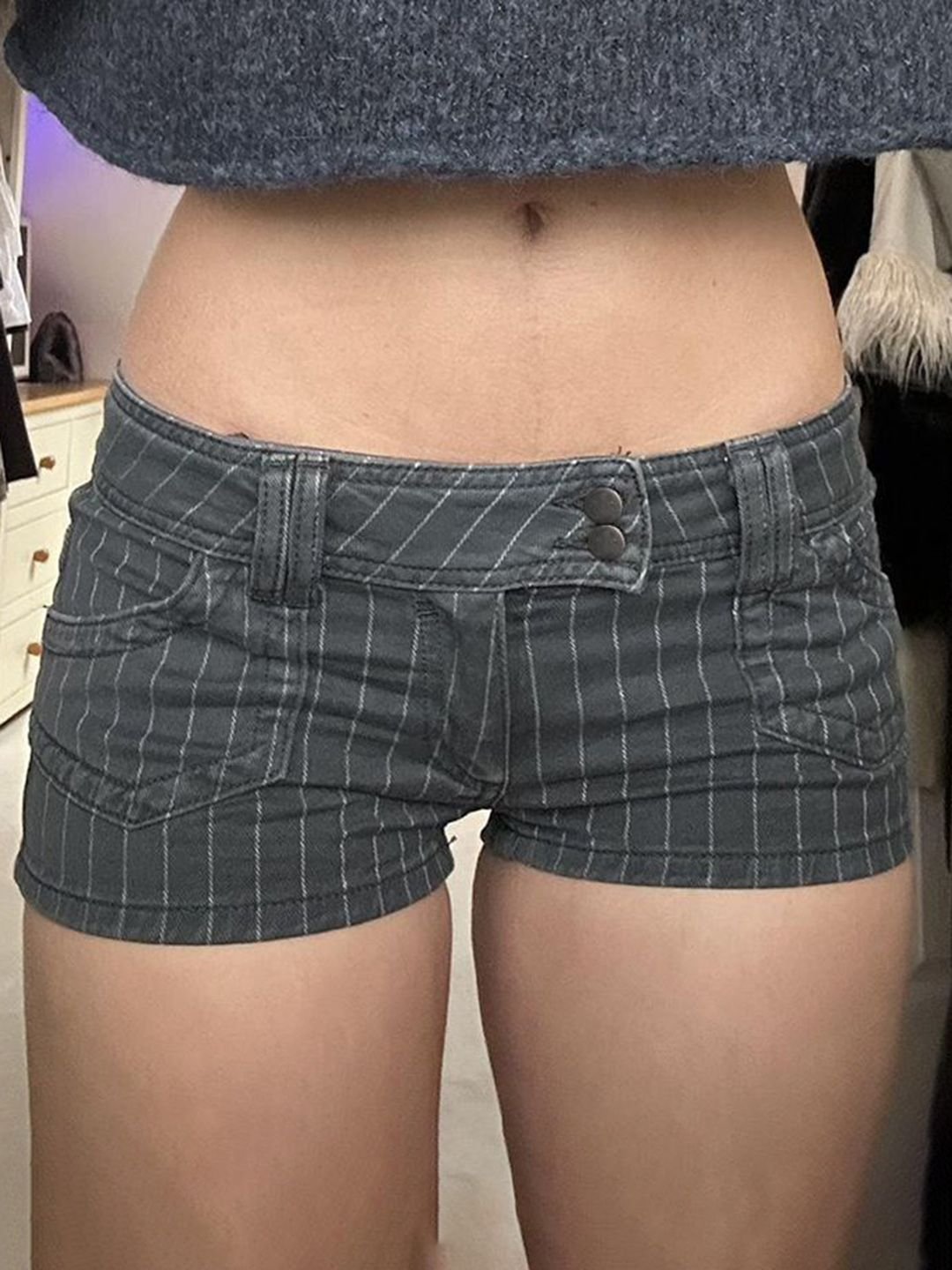 Black Cotton Striped Shorts