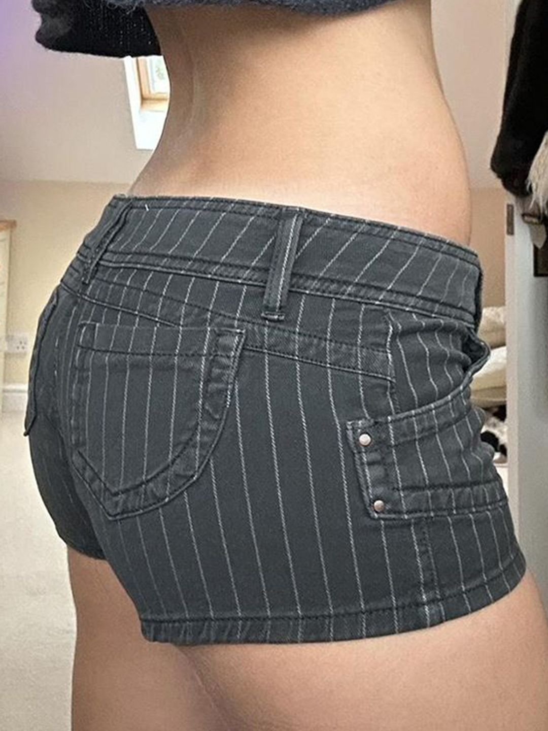 Black Cotton Striped Shorts