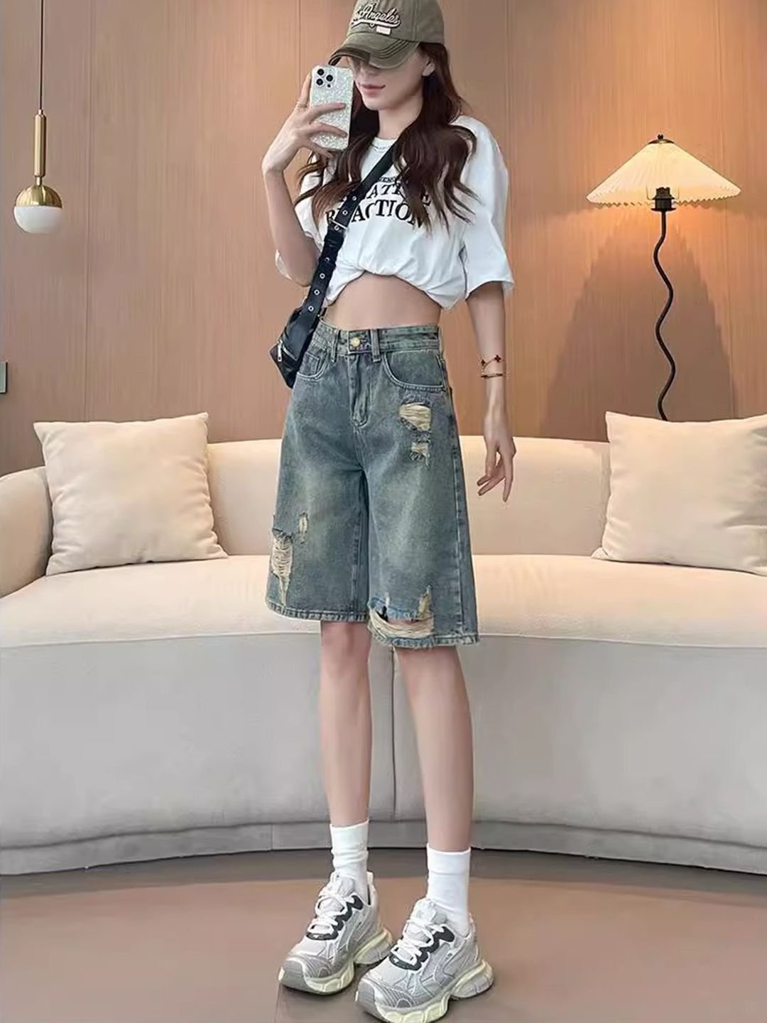 Cement Grey Loose Fit High-Rise Denim Shorts
