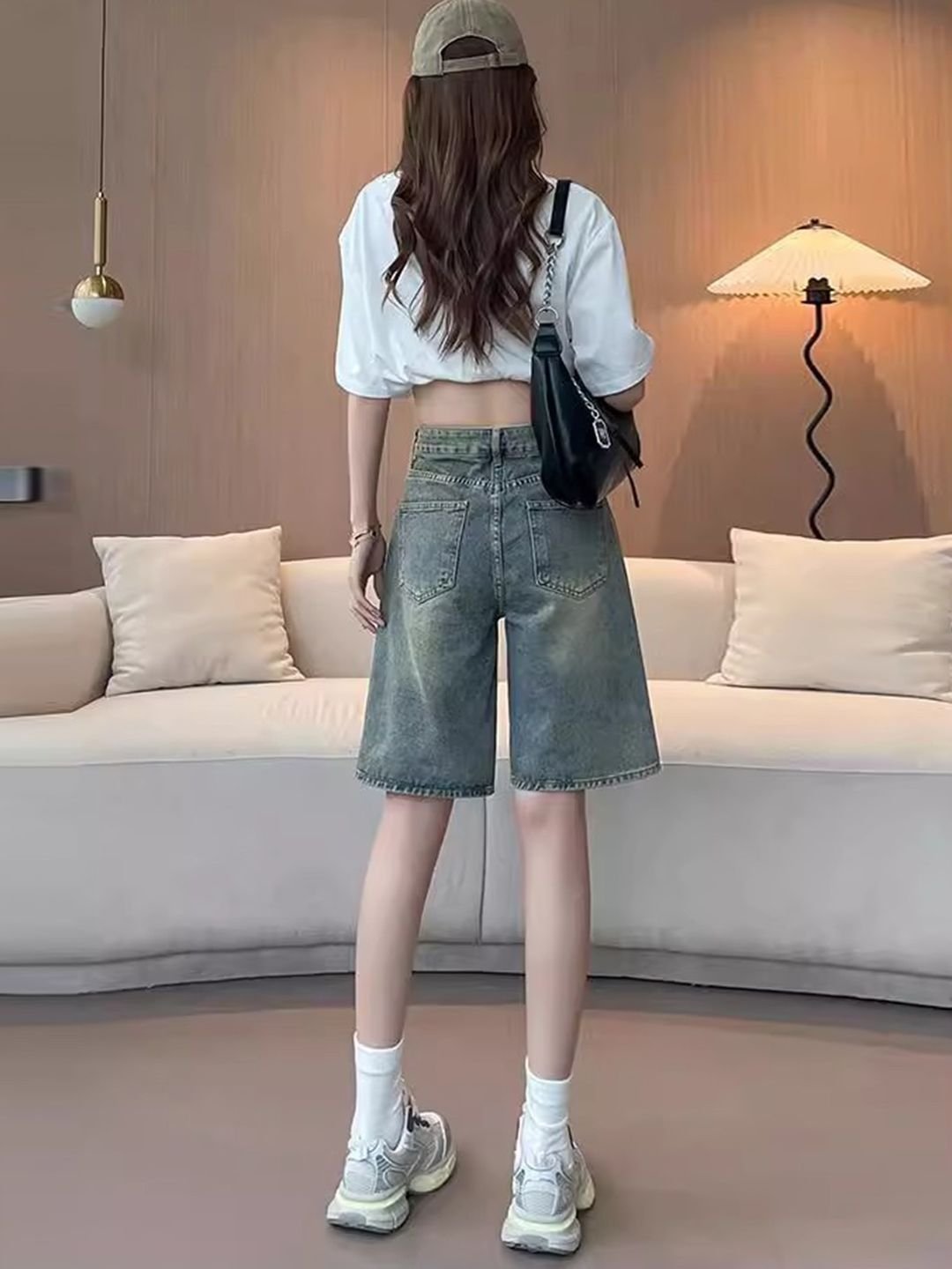Cement Grey Loose Fit High-Rise Denim Shorts