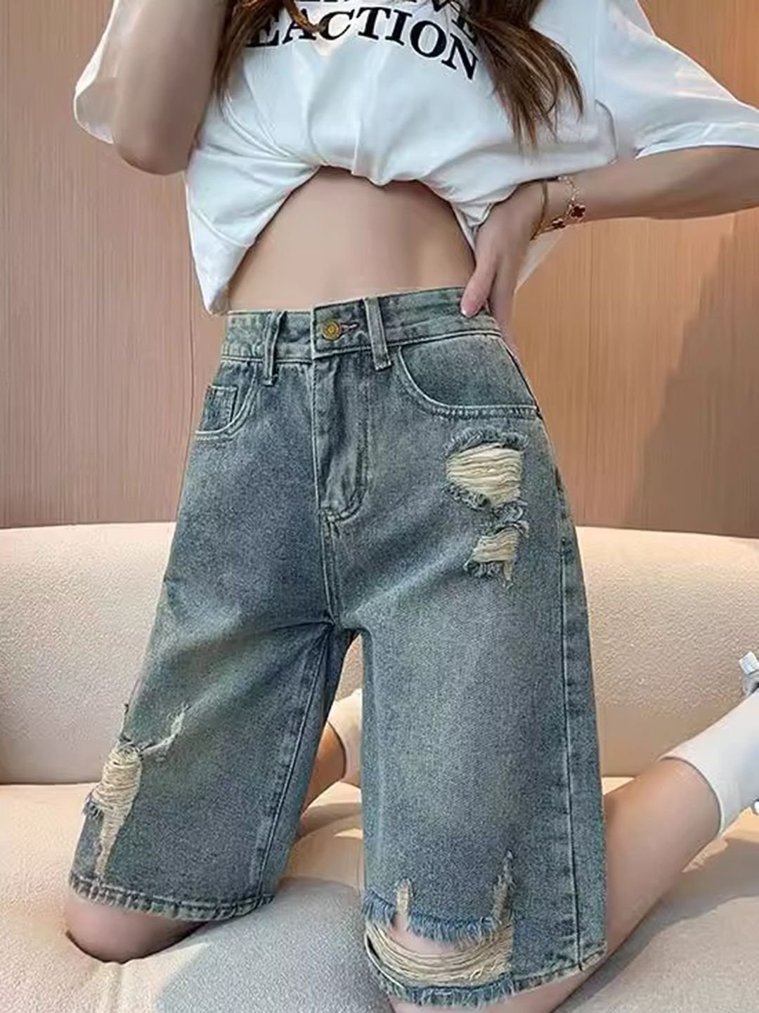 Cement Grey Loose Fit High-Rise Denim Shorts